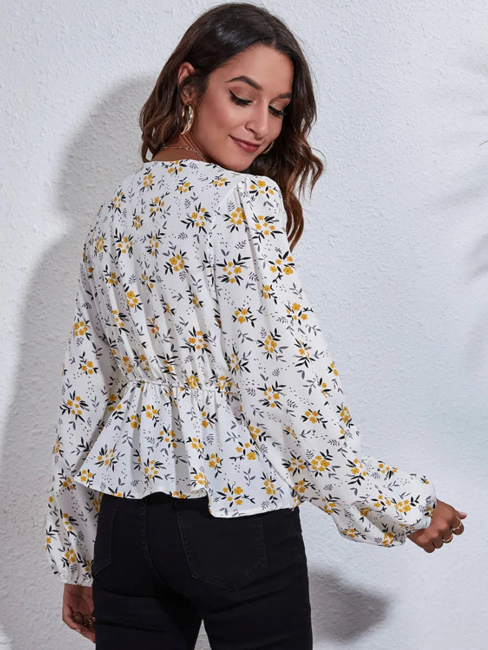 Floral V-Neck Balloon Sleeve Peplum Blouse - Roe Creation