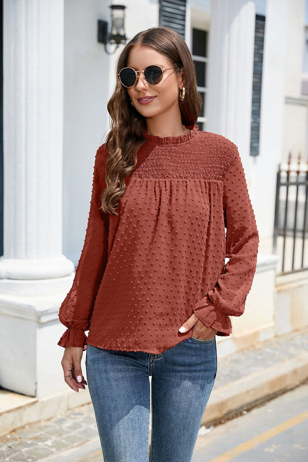 Smocked Swiss Dot Mock Neck Top – Elegant Sheer Blouse for Women - Roe Creation