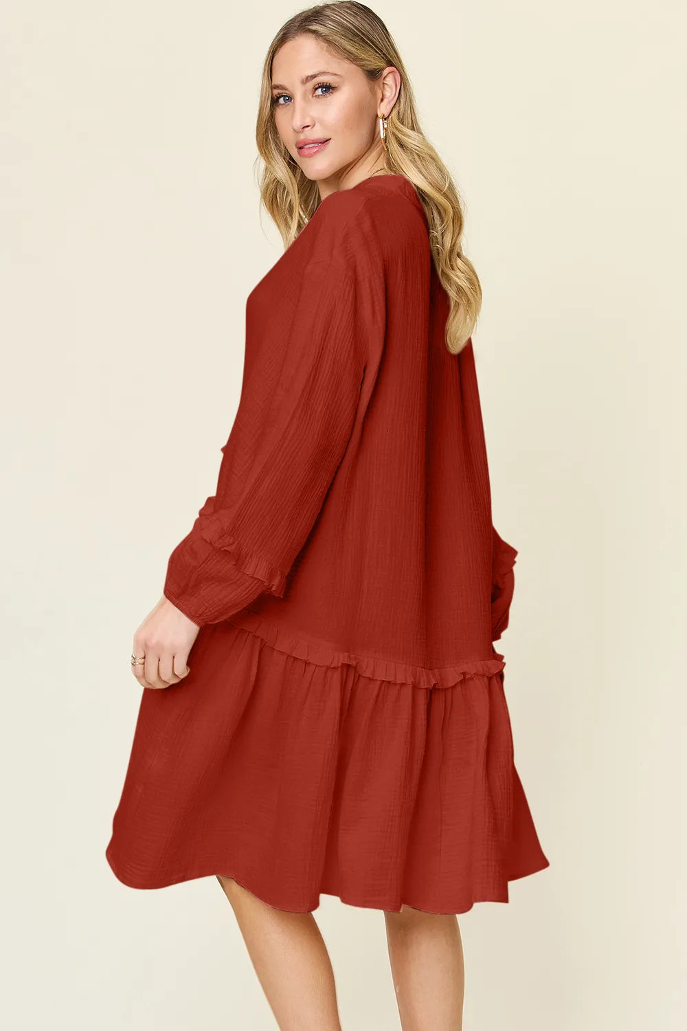 Double Take Full Size Texture Half Button Ruffle Trim Dress - Roe Creation