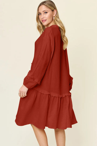 Double Take Full Size Texture Half Button Ruffle Trim Dress - Roe Creation