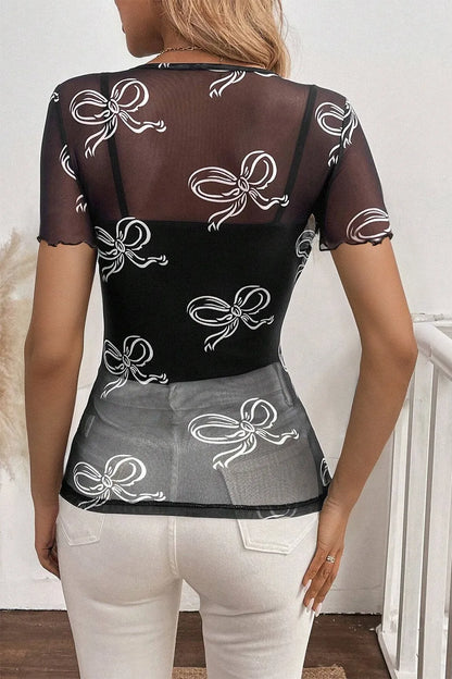 Bow Mesh Round Neck Short Sleeve T-Shirt - Roe Creation