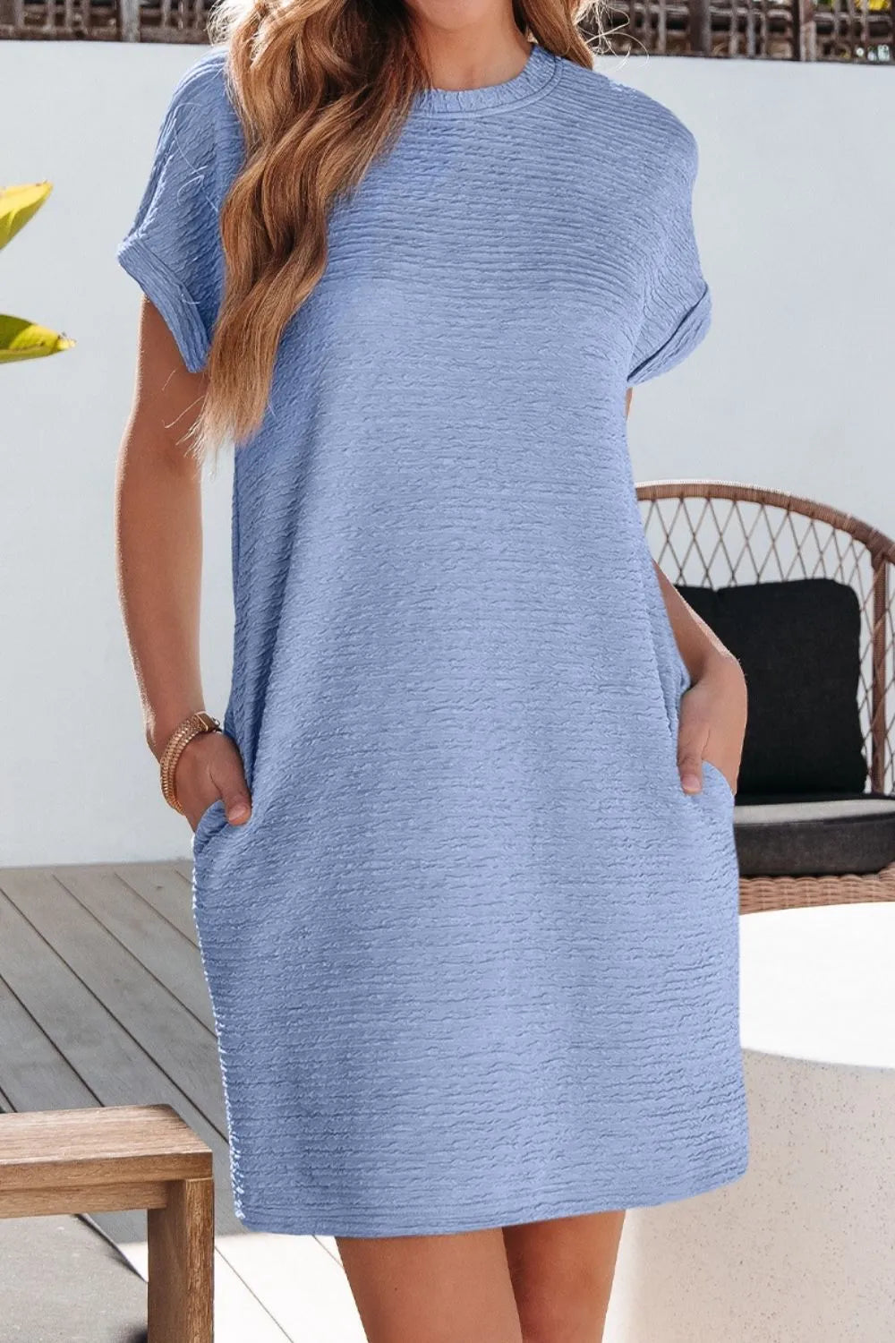 Solid Color Textured Crinkle Short Sleeve T Shirt Dress - Roe Creation