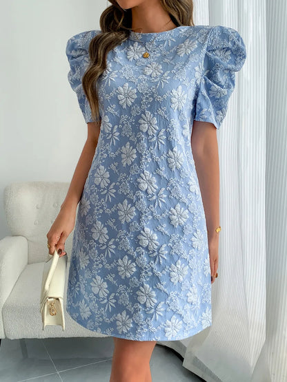Round Neck Puff Short Sleeve Mini Dress - Roe Creation