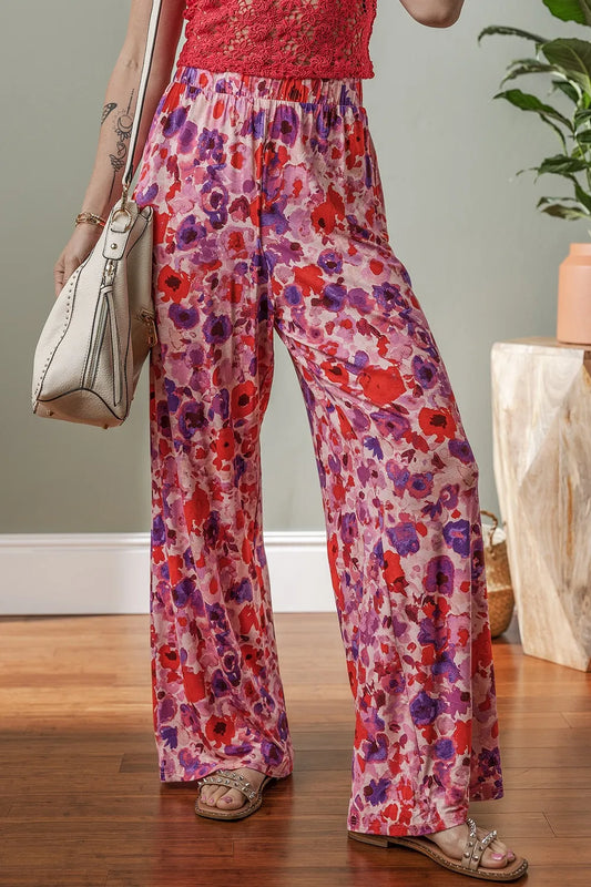 Floral Wide Leg Elastic High Waist Pants - Roe Creation