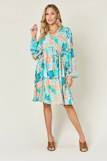 Double Take Full Size Printed V-Neck Drawstring Dress - Roe Creation