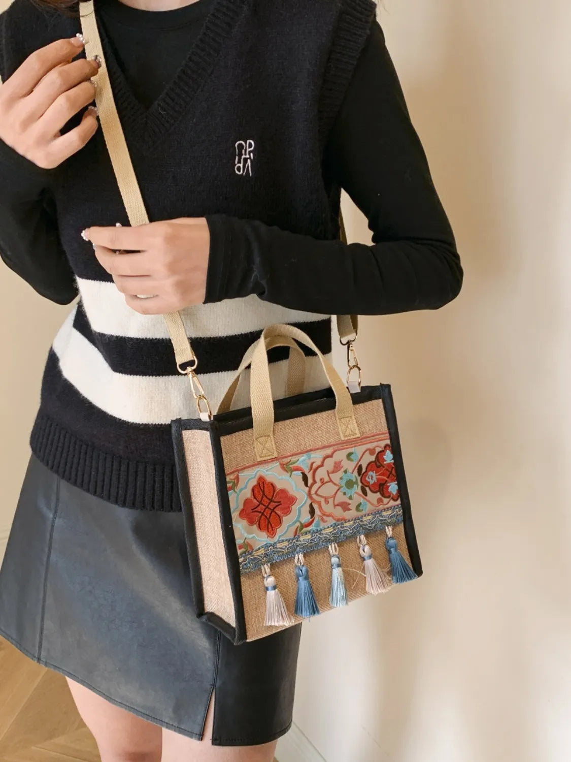 Vintage Embroidered Handbag with Tassel and Canvas Strap - Roe Creation