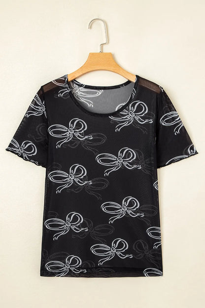 Bow Mesh Round Neck Short Sleeve T-Shirt - Roe Creation