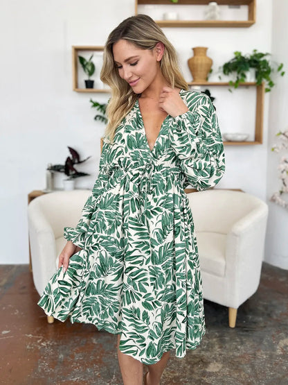 Double Take Full Size Printed Ruched Balloon Sleeve Dress - Roe Creation