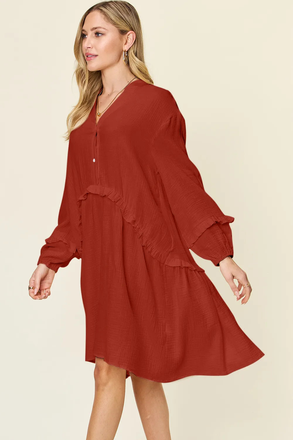 Double Take Full Size Texture Half Button Ruffle Trim Dress - Roe Creation