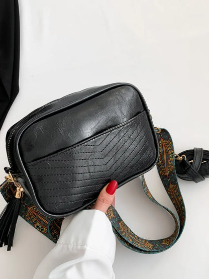 Tassel Cassette Vintage Crossbody Bag with PU Leather and Printed Strap - Roe Creation