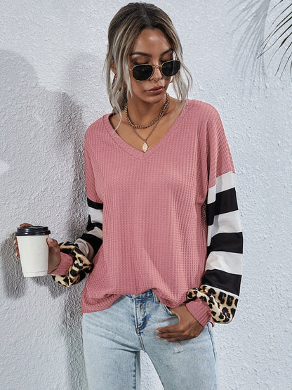 Women’s Leopard Striped Waffle-Knit Top – Stylish Casual Wear - Roe Creation