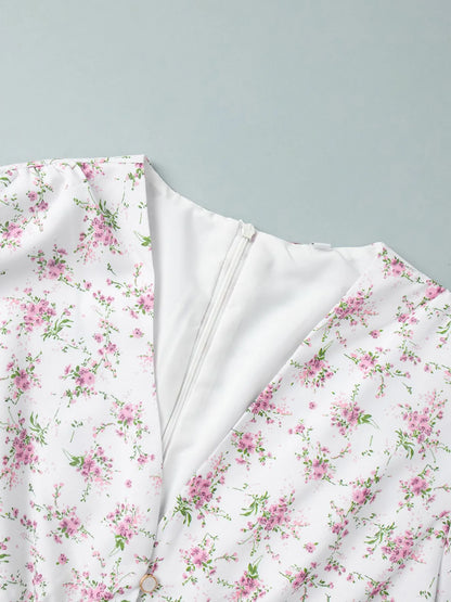 Floral Print Balloon Sleeve Dress - Roe Creation