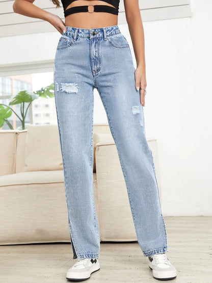 Distressed Slit Straight Leg Jeans - Roe Creation