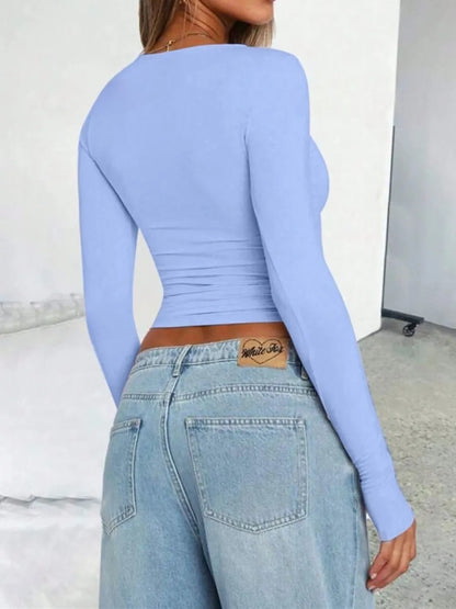 Solid Color Round Neck Long Sleeve T-Shirt - Roe Creation