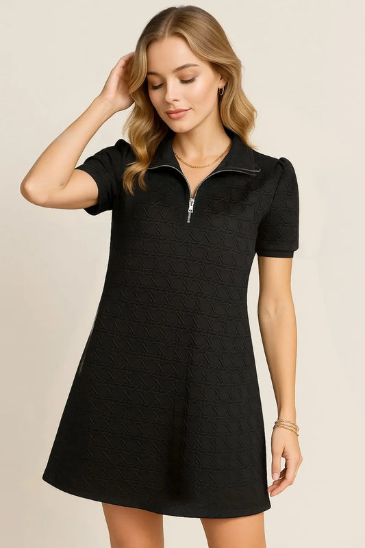 Oh Textured Quarter Zip Short Sleeve Dress - Roe Creation
