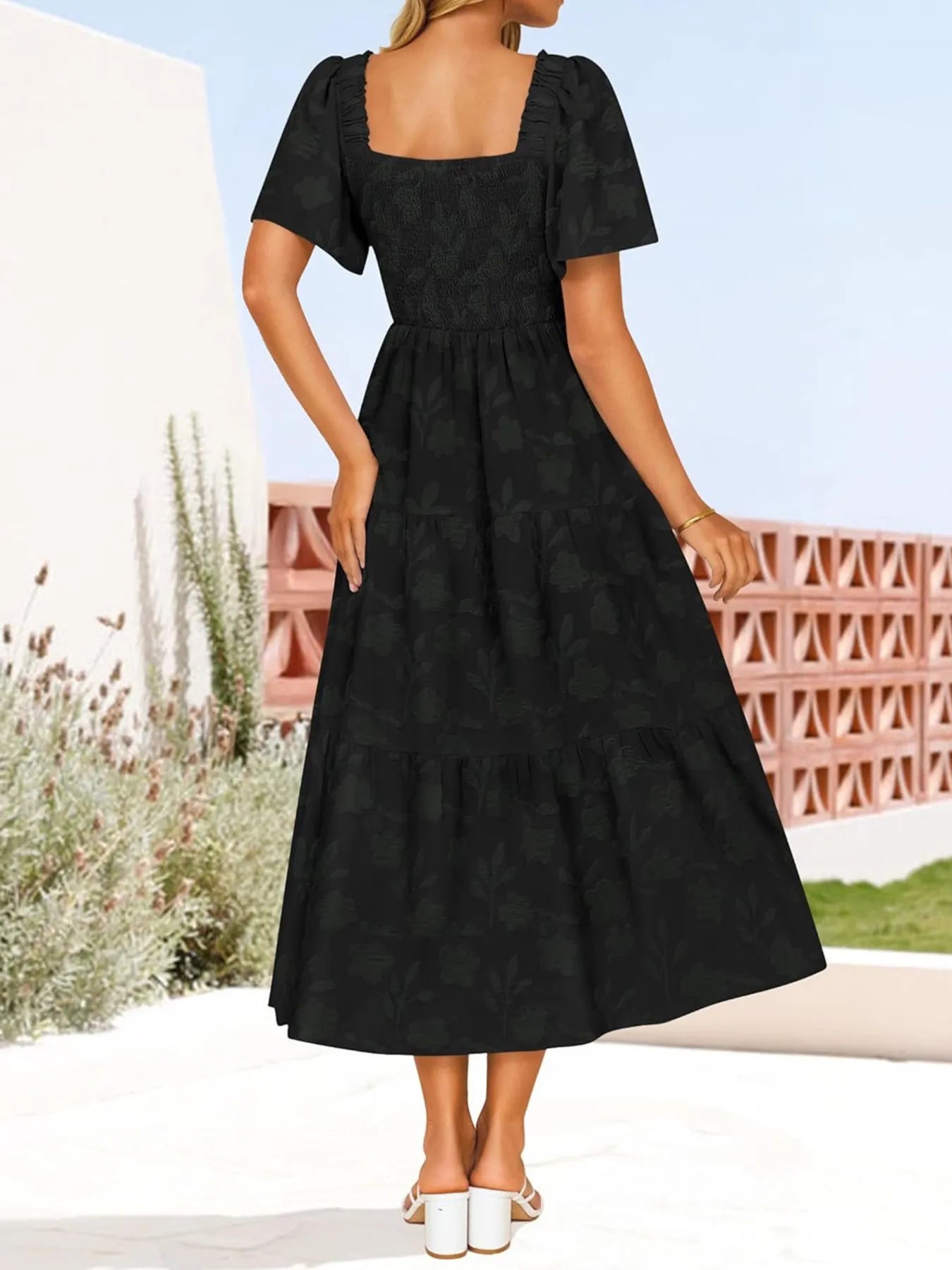 Smocked Square Neck Short Sleeve Dress - Roe Creation