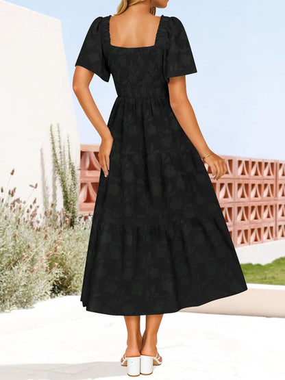 Smocked Square Neck Short Sleeve Dress - Roe Creation
