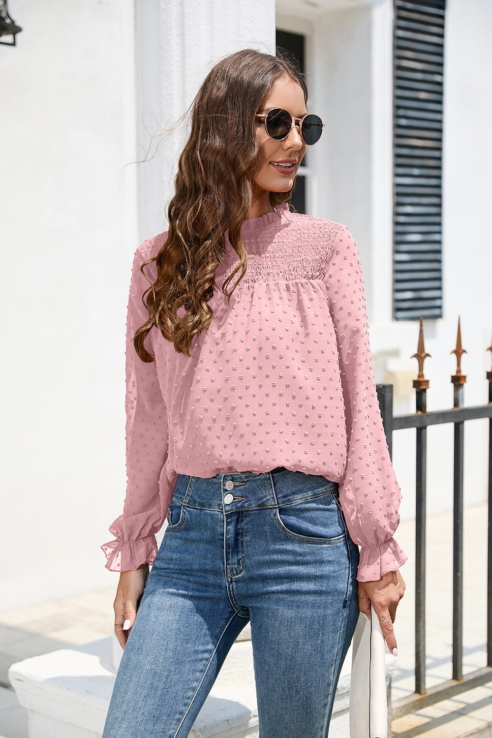 Smocked Swiss Dot Mock Neck Top – Elegant Sheer Blouse for Women - Roe Creation