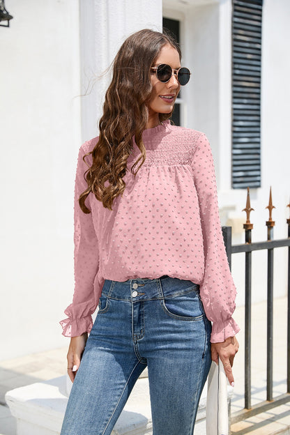 Smocked Swiss Dot Mock Neck Top – Elegant Sheer Blouse for Women - Roe Creation