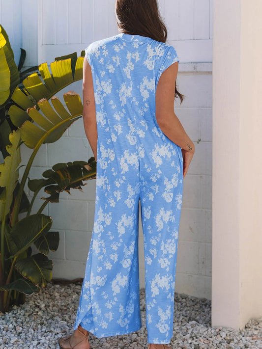 Printed Button-Front Wide Leg Jumpsuit - Roe Creation