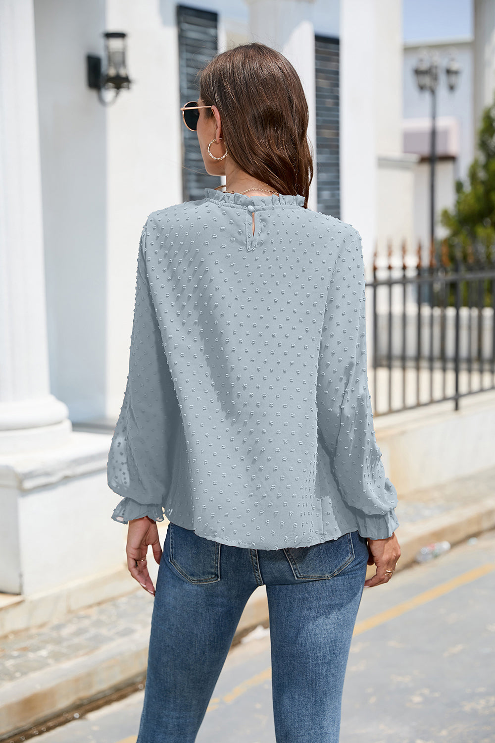 Smocked Swiss Dot Mock Neck Top – Elegant Sheer Blouse for Women - Roe Creation