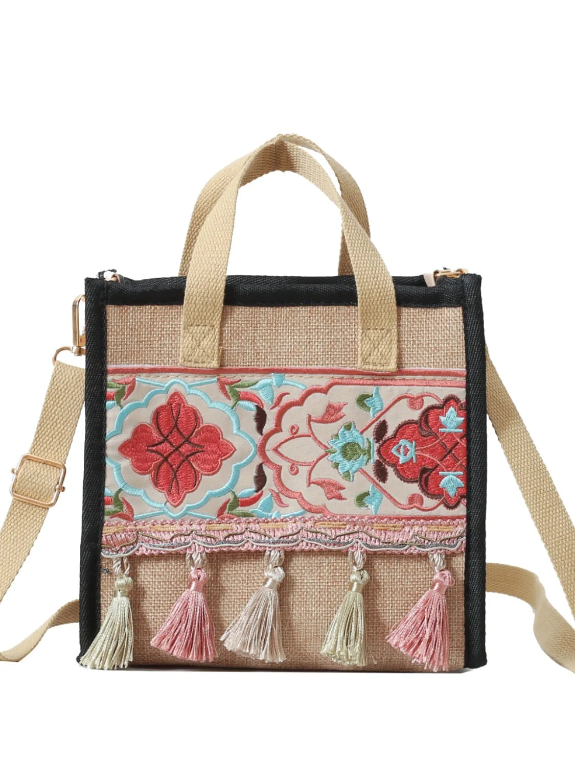Vintage Embroidered Handbag with Tassel and Canvas Strap - Roe Creation
