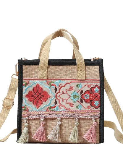 Vintage Embroidered Handbag with Tassel and Canvas Strap - Roe Creation