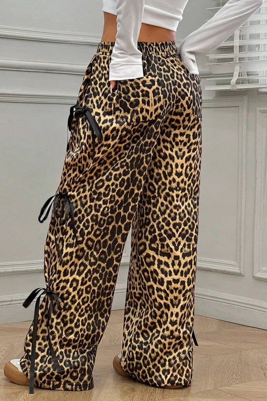 Leopard Bow Tie Elastic Waist Pants - Roe Creation