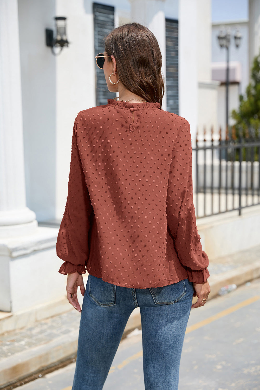 Smocked Swiss Dot Mock Neck Top – Elegant Sheer Blouse for Women - Roe Creation