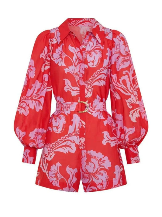 Printed Long Sleeve Belted Romper - Roe Creation