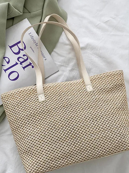 Woven Straw Tote Bag in Solid Colour - Roe Creation