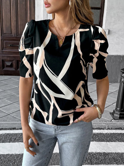 Abstract Print Puff Sleeve Notched Blouse - Roe Creation