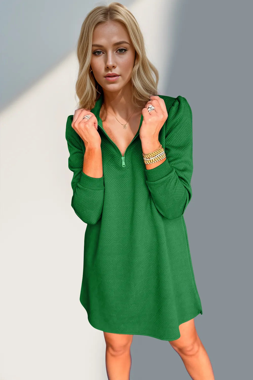 Double Take Textured Quarter Zip Long Sleeve Dress - Roe Creation