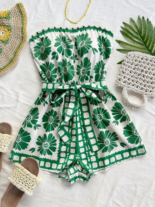 Printed Tube Tie Waist Romper - Roe Creation