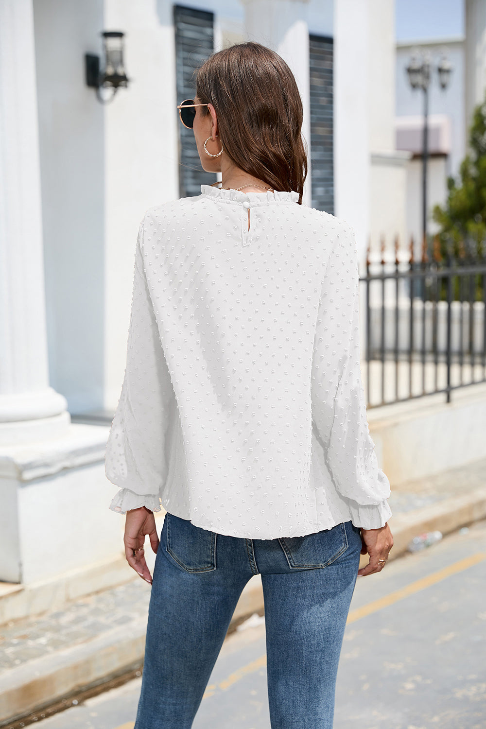 Smocked Swiss Dot Mock Neck Top – Elegant Sheer Blouse for Women - Roe Creation