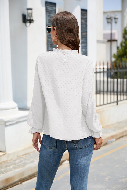 Smocked Swiss Dot Mock Neck Top – Elegant Sheer Blouse for Women - Roe Creation