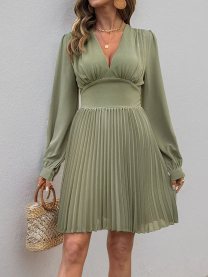 Pleated Long Sleeve V-Neck Dress - Roe Creation