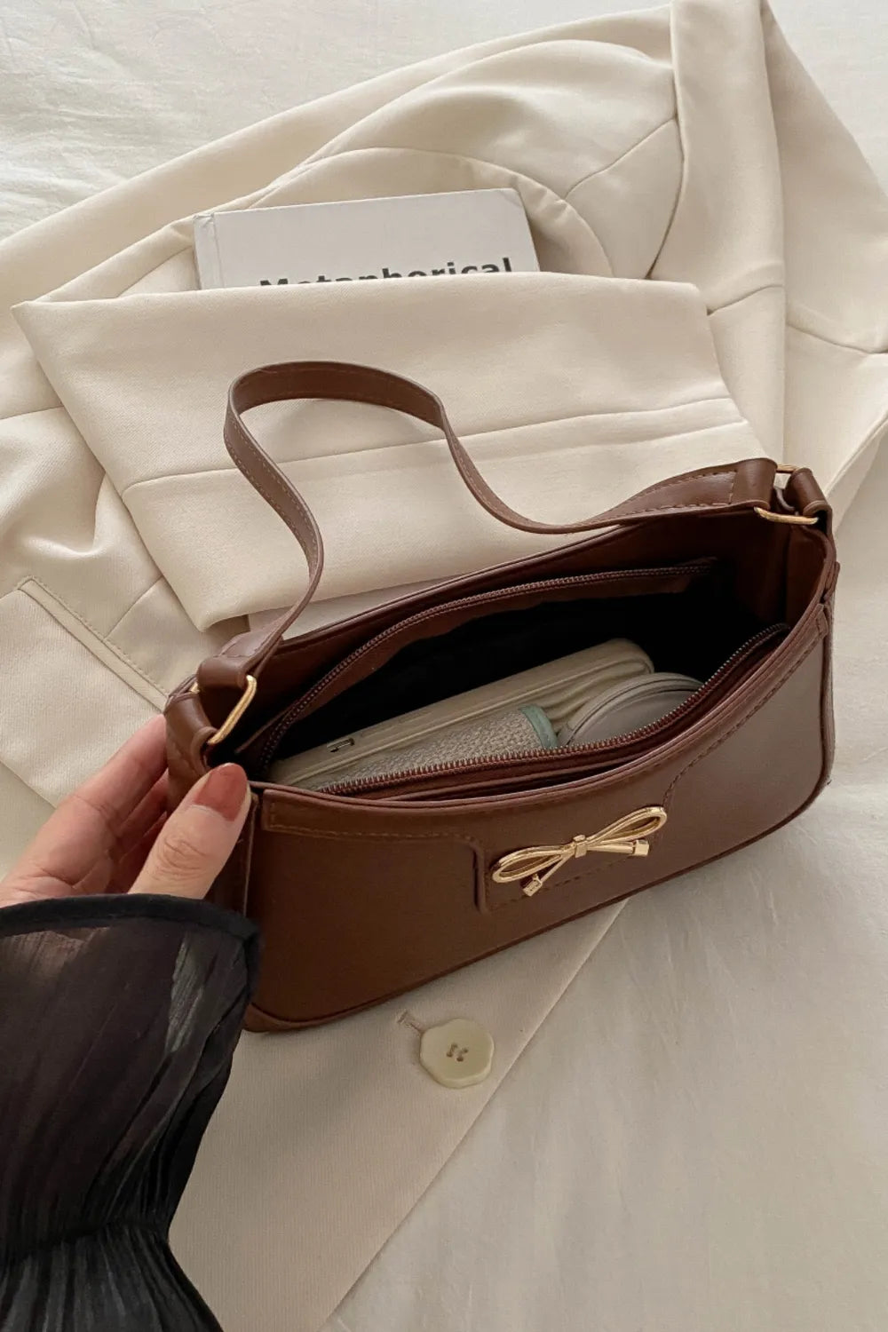 Bow Trim PU Leather Shoulder Bag - Roe Creation