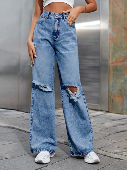 Distressed Wide Leg Jeans with Pockets - Roe Creation