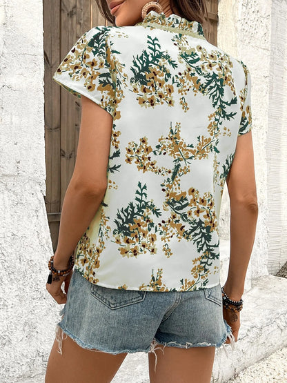 Floral Tie Neck Short Sleeve Blouse - Roe Creation