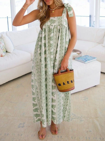 Boho Printed Tie Shoulder Midi Dress – Square Neck Summer Look - Roe Creation