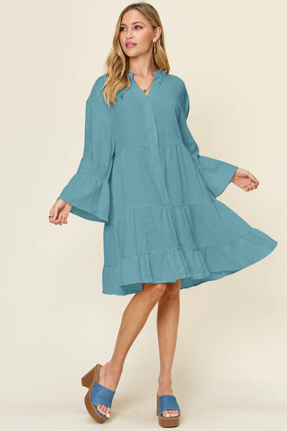 Double Take Full Size Texture Button Up Ruffle Hem Dress - Roe Creation