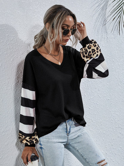 Women’s Leopard Striped Waffle-Knit Top – Stylish Casual Wear - Roe Creation