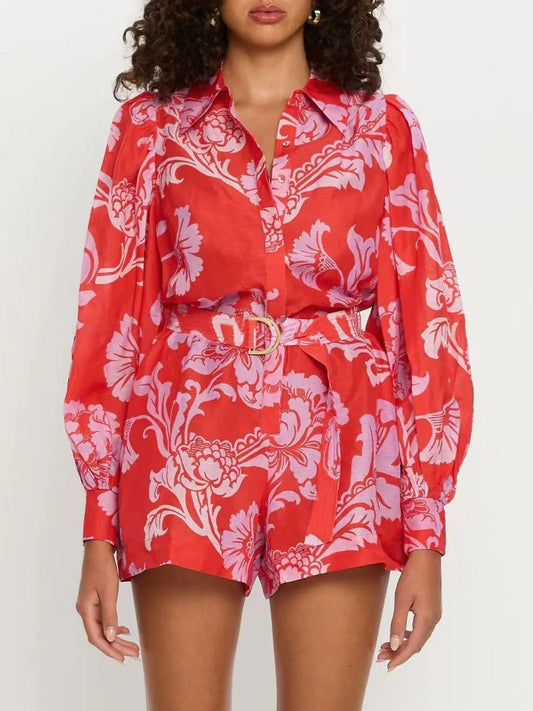 Printed Long Sleeve Belted Romper - Roe Creation