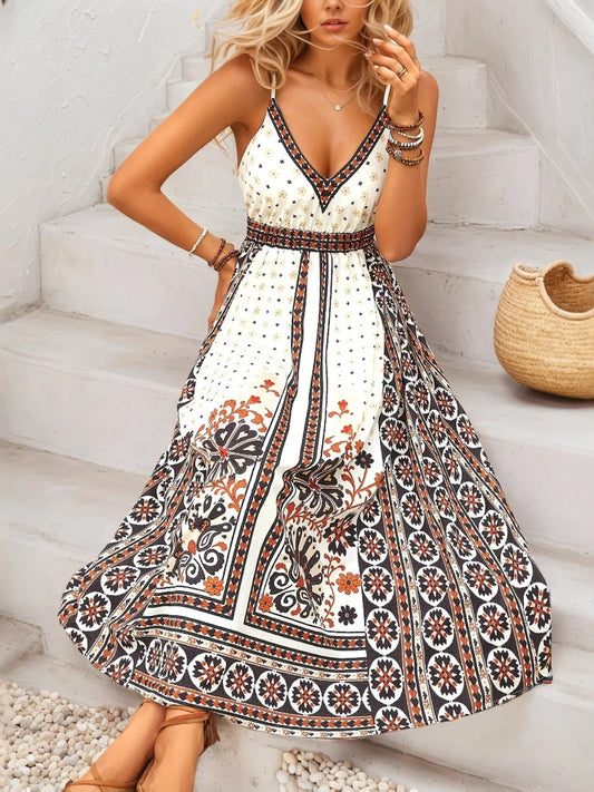 Printed V-Neck Midi Cami Dress - Roe Creation