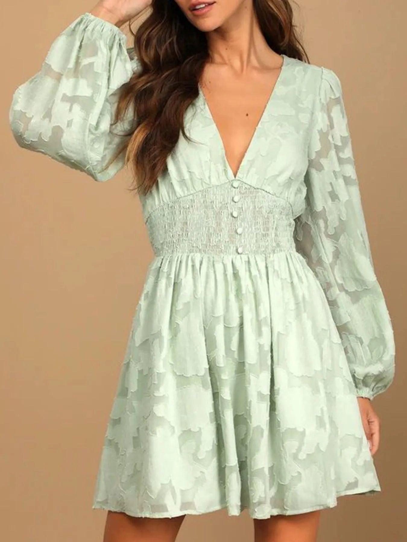 Smocked V-Neck Balloon Sleeve Dress - Roe Creation