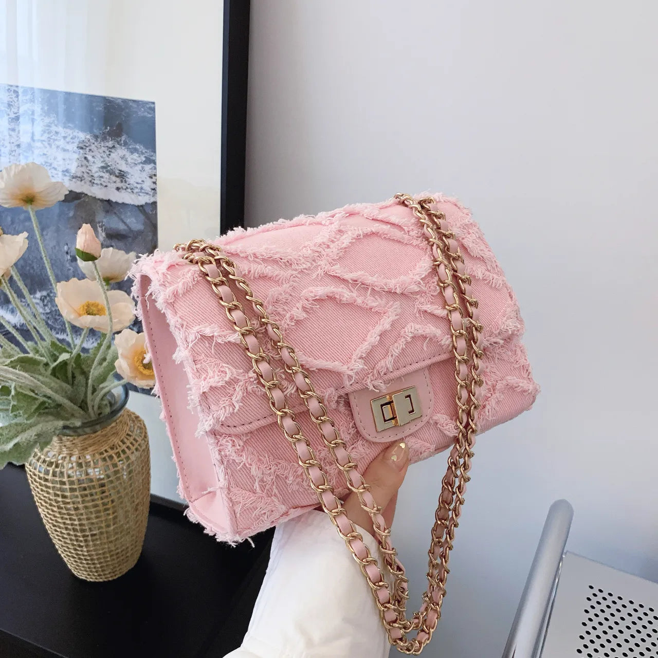 Frayed Edges Chain Crossbody Bag - Roe Creation