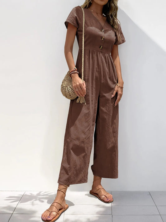V-Neck Short Sleeve Wide Leg Jumpsuit - Roe Creation