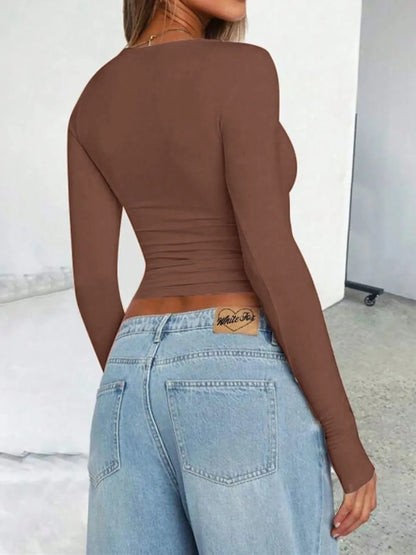 Solid Color Round Neck Long Sleeve T-Shirt - Roe Creation