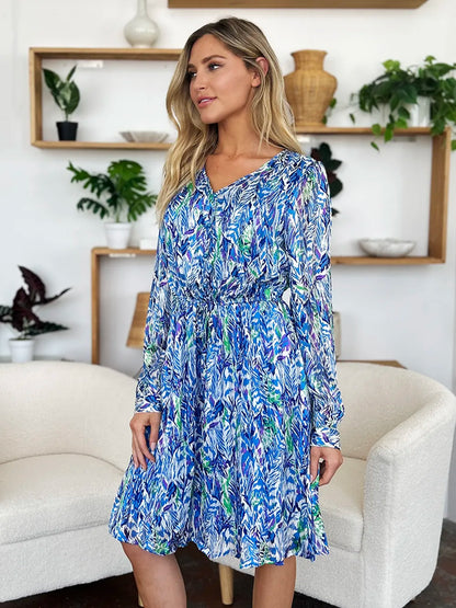 Double Take Full Size Printed Drawstring Waist Long Sleeve Dress - Roe Creation